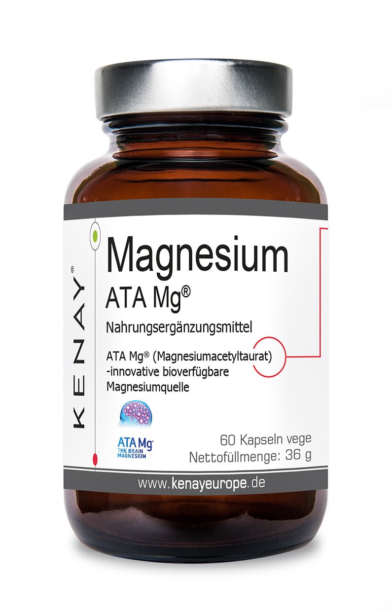 Braune Glasflasche mit weißem Etikett. Aufschrift: Magnesium ATA Mg®, Nahrungsergänzungsmittel. 60 Kapseln.