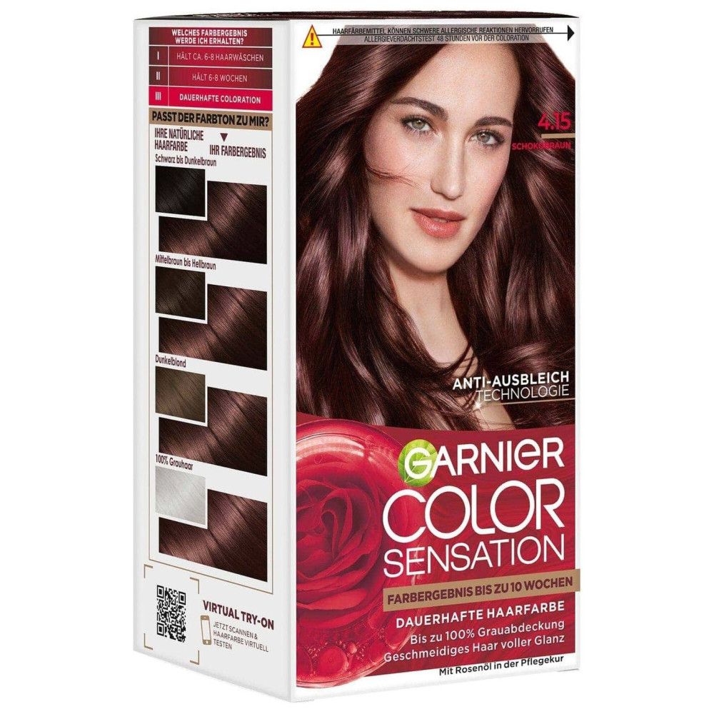 Garnier Color Sensation Packung. Frau mit braun gefärbten Haaren. Produktname und Farbergebnis-Tabelle.