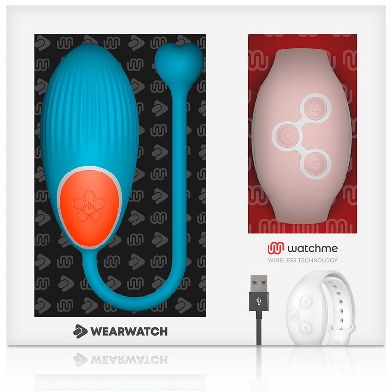 Verpackung des Wearwatch Vibro-Eis: blaues Ei, pinkes Ei, Ladekabel und Armband.