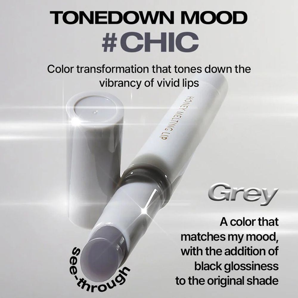 Grauer Lippenstift. Aufschrift "HONEY MELTING LIP". Text: "Grey".