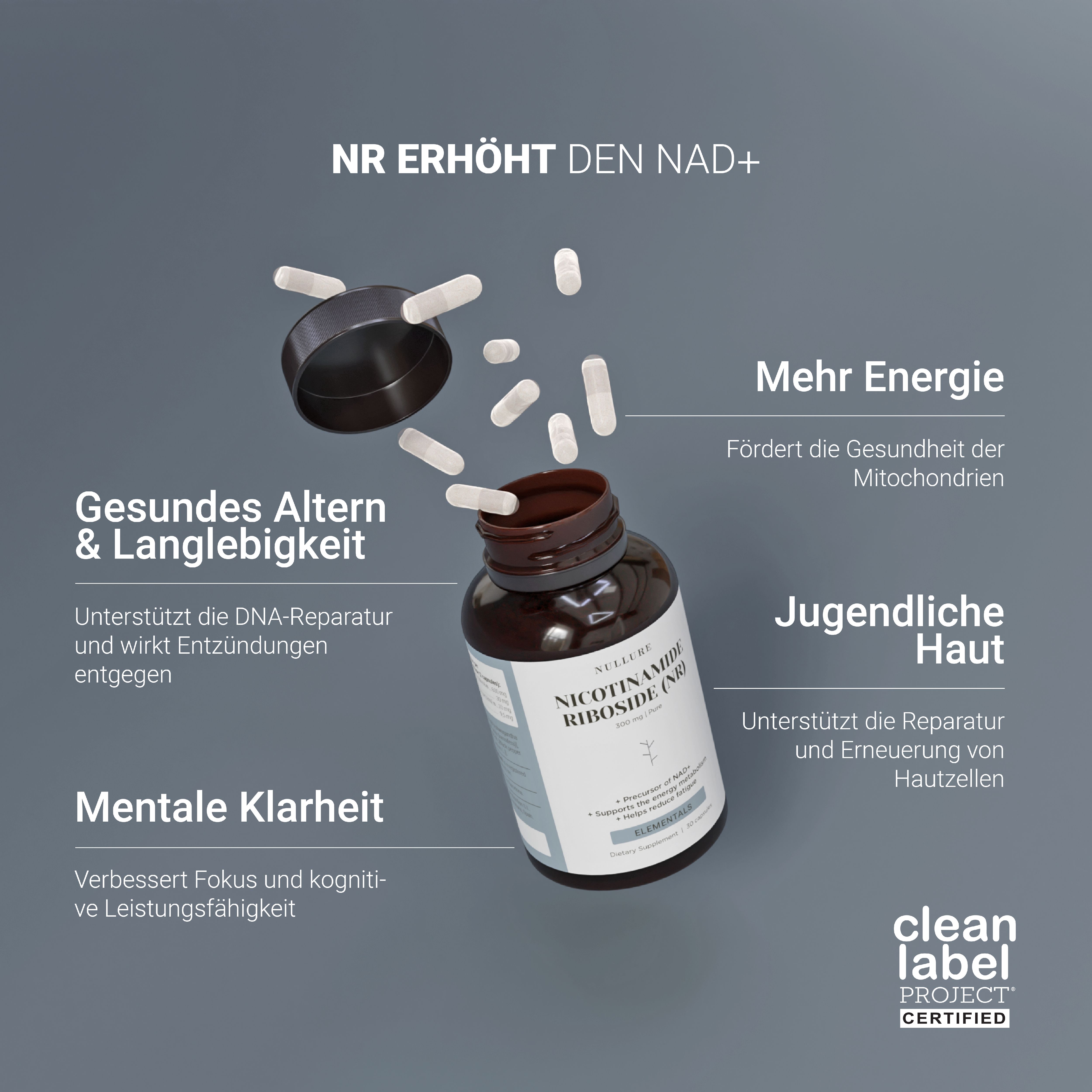 Nullure Nicotinamide Riboside Kapseln: Mehr Energie, jugendliche Haut, mentale Klarheit. Clean Label Project zertifiziert.