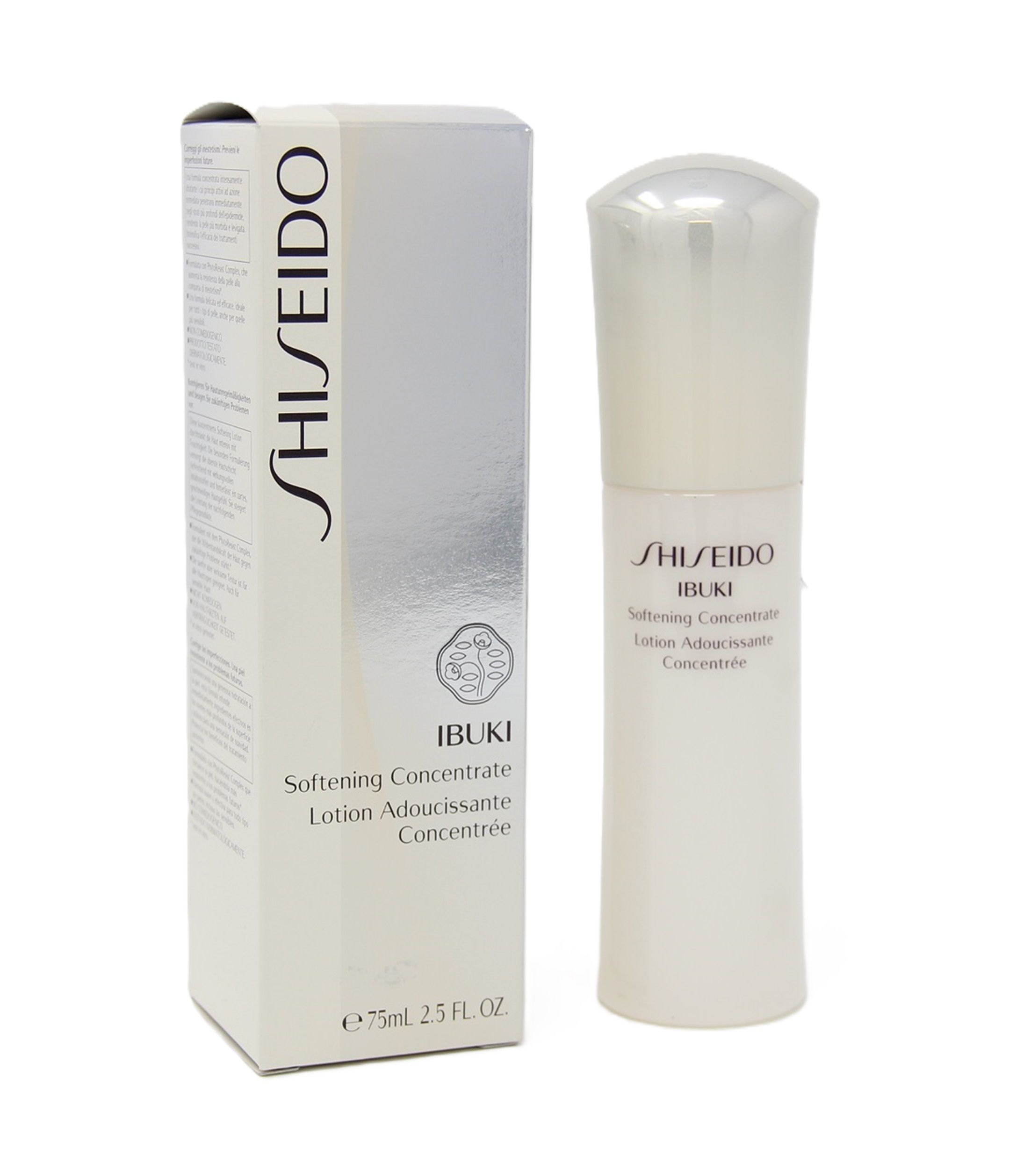 Weißes Fläschchen und Karton. Aufschrift: SHISEIDO IBUKI Softening Concentrate. Flasche mit silbernem Deckel.
