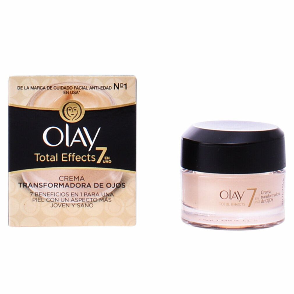Olay Total Effects Augencreme und Verpackung. Creme in einem Glas mit schwarzem Deckel. Verpackung mit Produktnamen und Logo.