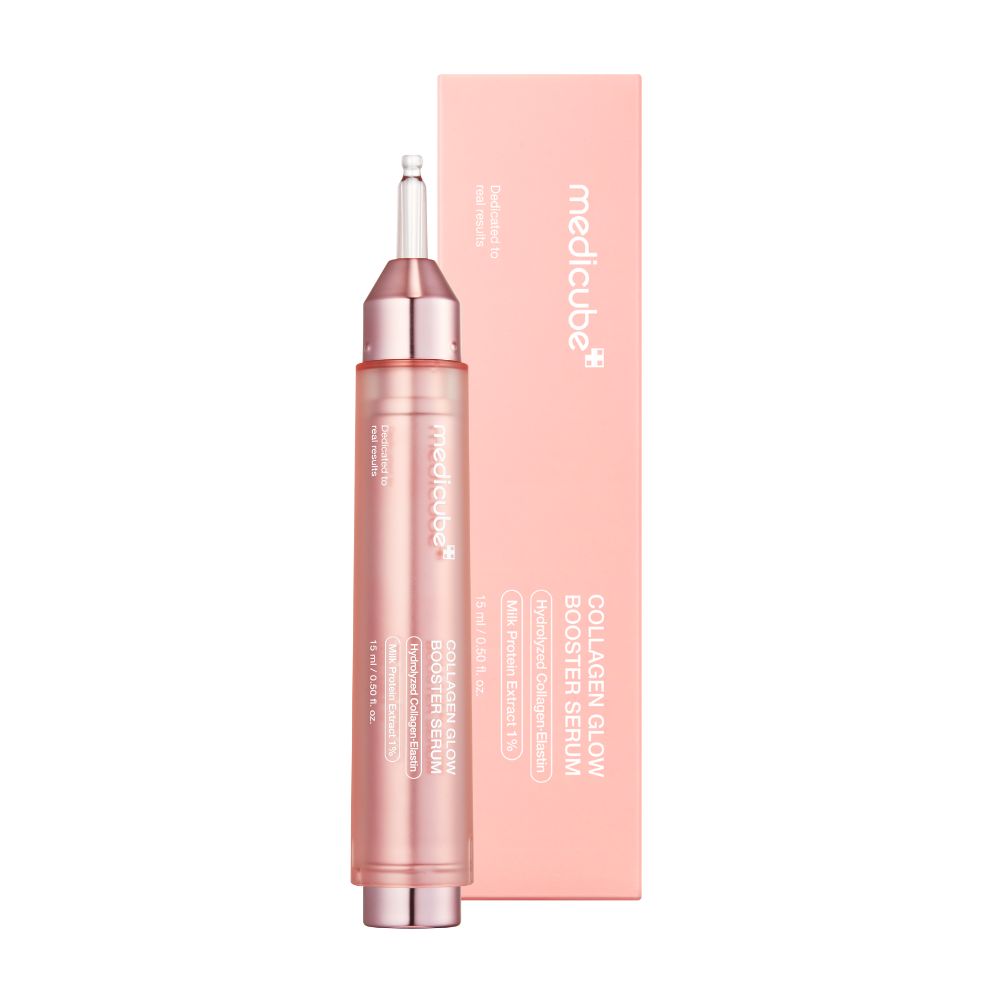 Rosa Serum-Applikator mit silbernem Deckel und rosa Verpackung. Enthält "Collagen Glow Booster Serum".