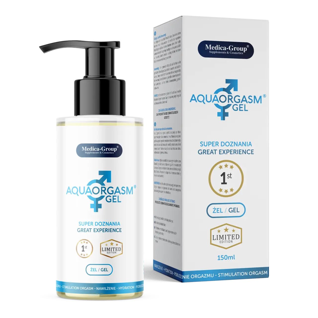 Flasche mit Pumpkopf und Verpackung. Produktname und Logo. Text: Aqua Orgasm Gel, Super Doznania, Great Experience, 1st, Limited Edition, 150ml.