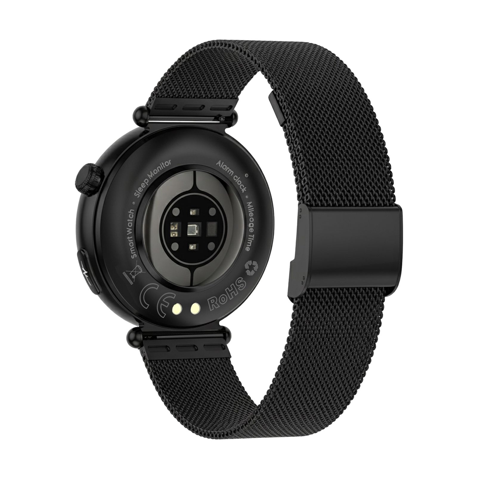 Rückseite der Knauermann PRO 4 Mini Smartwatch mit Herzfrequenzsensor und Ladekontakten.