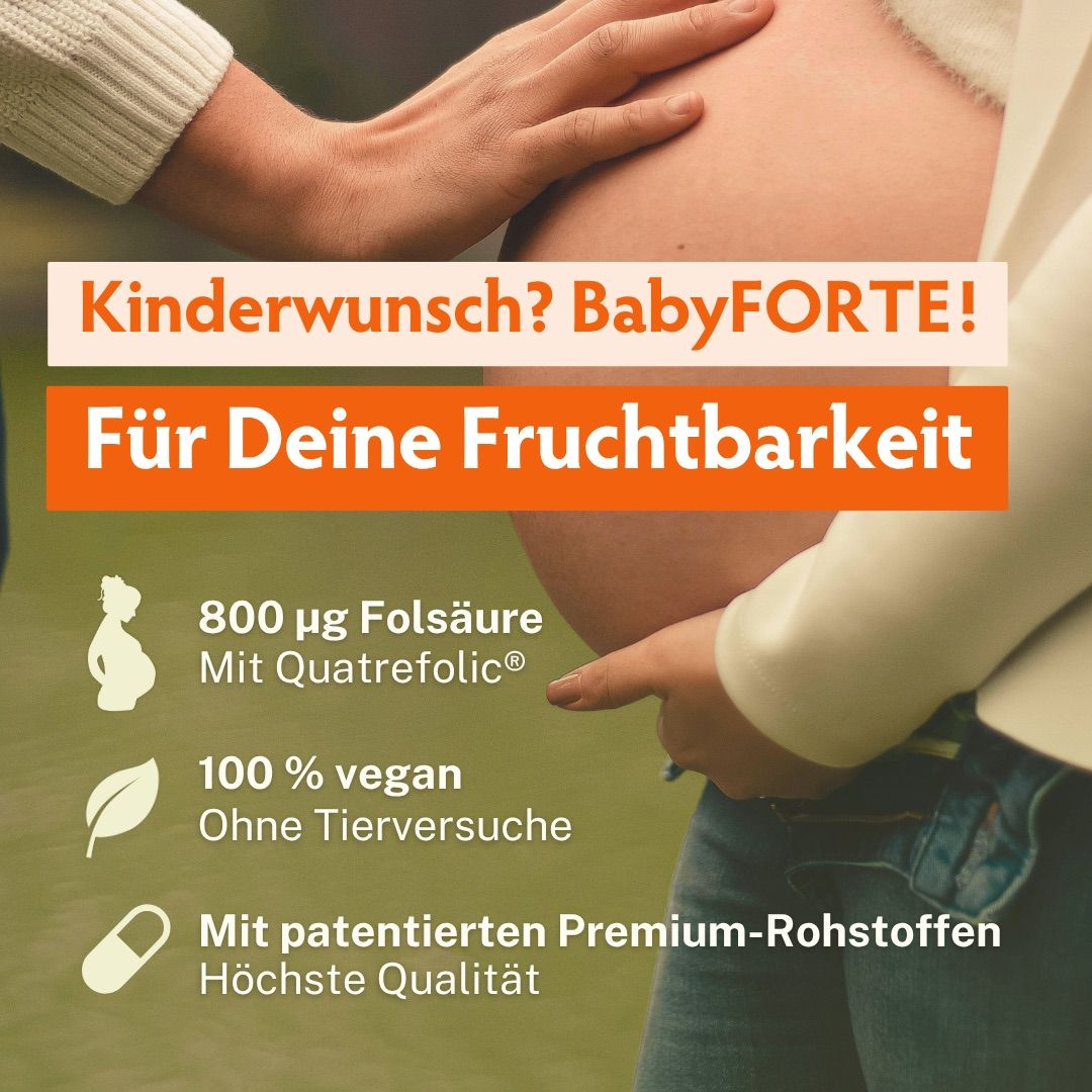 Eine Frau hält ein Ultraschallbild über ihren Bauch. Text hebt 800 mcg Folsäure, vegan und Premium-Rohstoffe hervor.