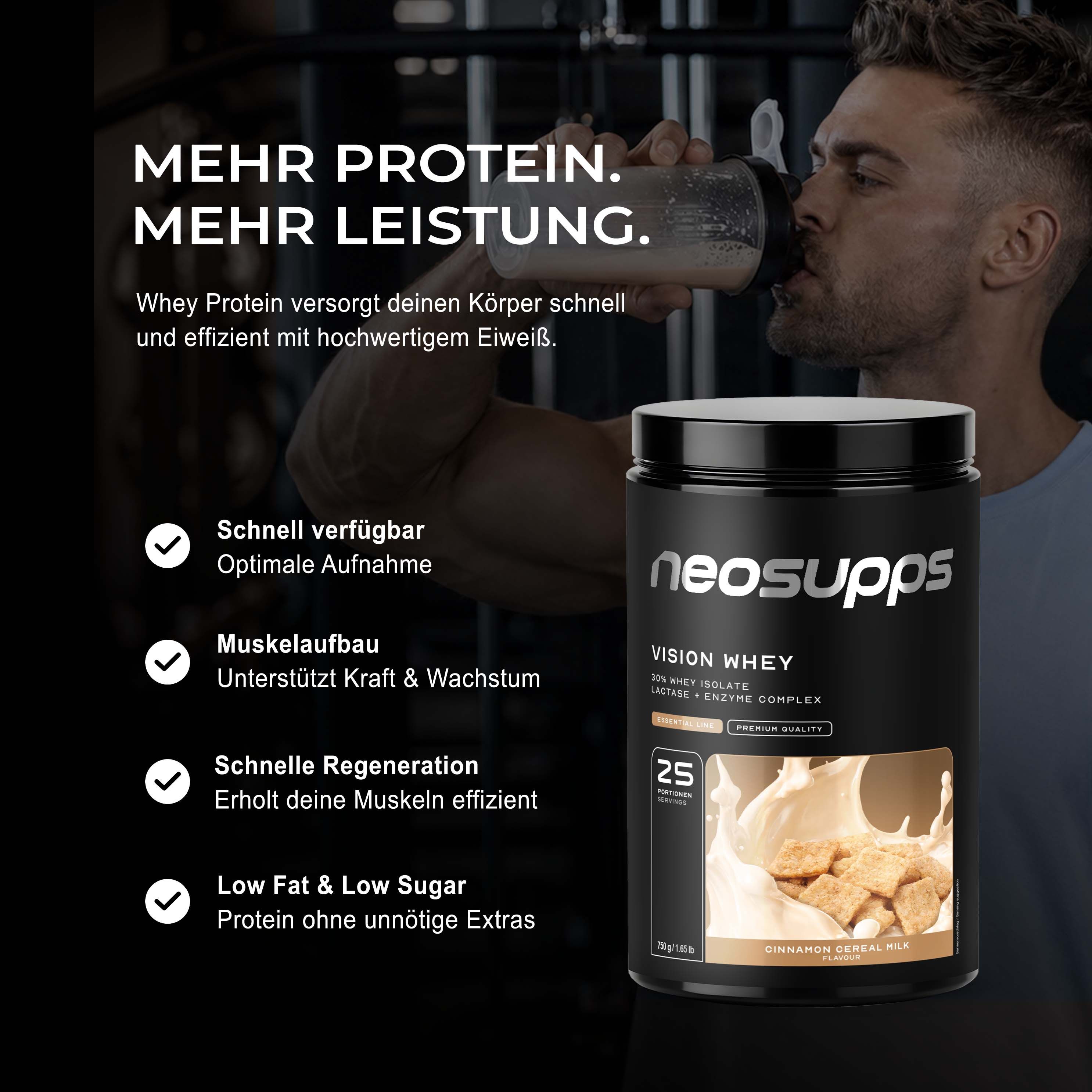 Neosupps Vision Whey Proteinpulver für Muskelaufbau und Regeneration. Schnell verfügbar.