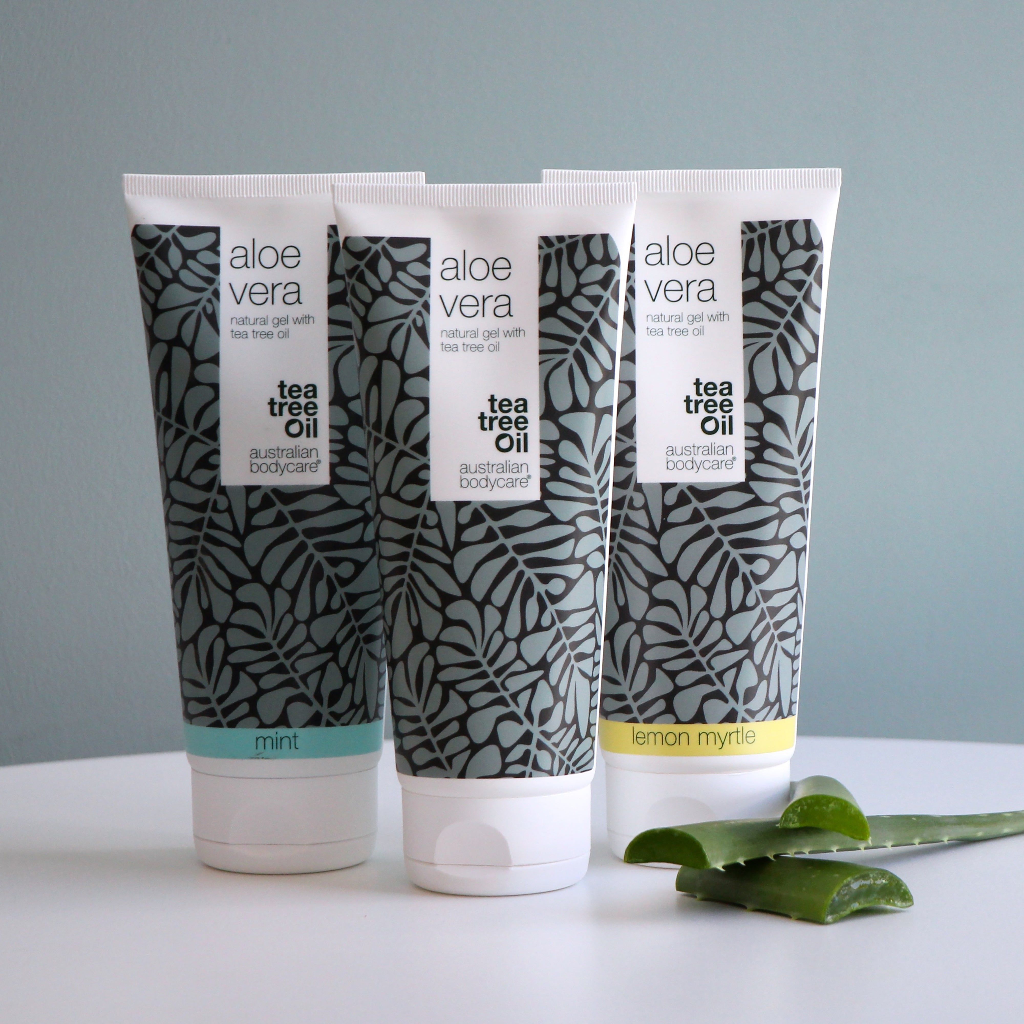 Drei Tuben Aloe Vera Gel. Aufschrift: Aloe Vera, natural gel with tea tree oil, mint, lemon myrtle. Aloe Vera Blätter.