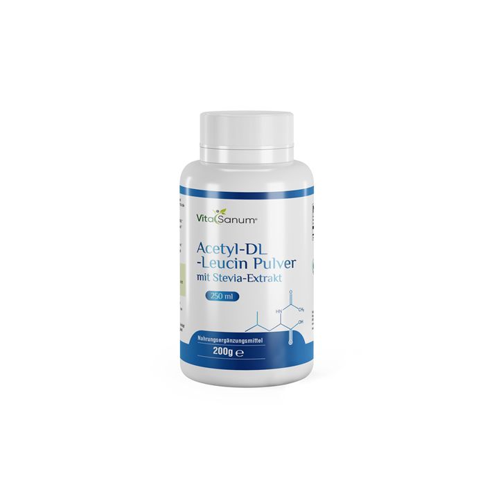 Weiße Flasche mit blauem Etikett. Aufschrift: VitaSanum® Acetyl-DL-Leucin Pulver mit Stevia-Extrakt. 200g.