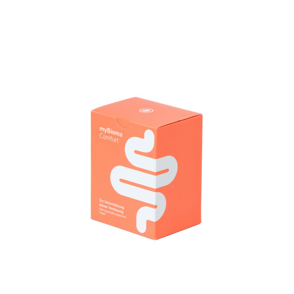 Orangefarbene Schachtel mit weißem Logo und Schriftzug myBioma Comfort. Text: Zur Unterstützung deiner Verdauung.