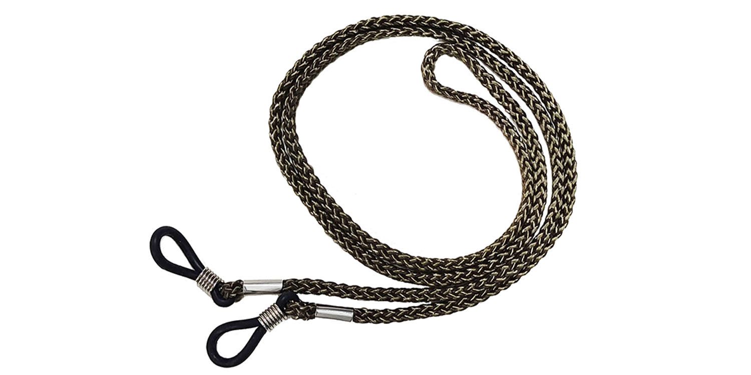 Brillenband mit geflochtener Schnur, schwarz-braun. Schlaufen zur Befestigung an Brillenbügeln.