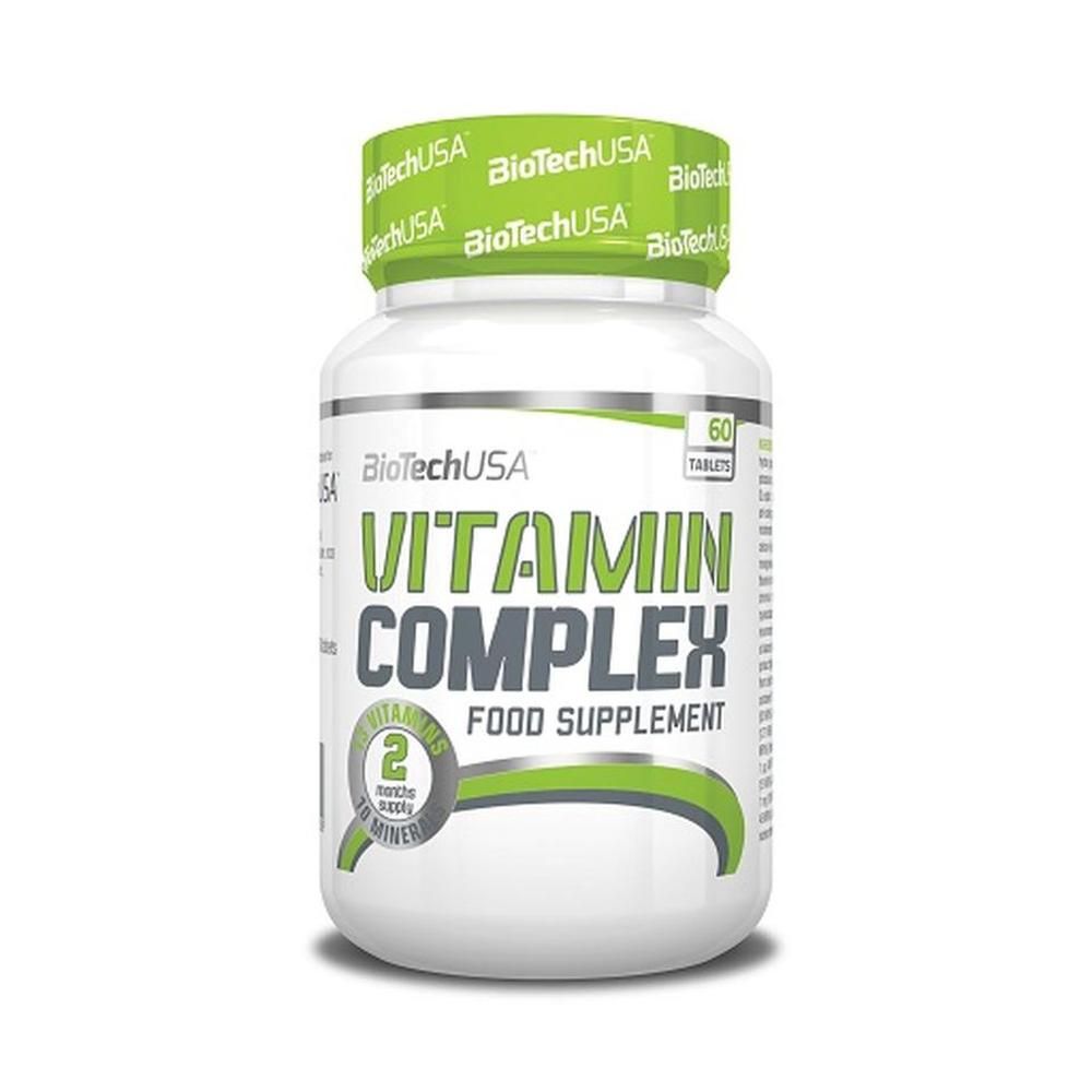 Weiße Flasche mit grünen und schwarzen Aufschriften. Aufschrift: Vitamin Complex, 60 Tabletten. Marke: BioTechUSA.