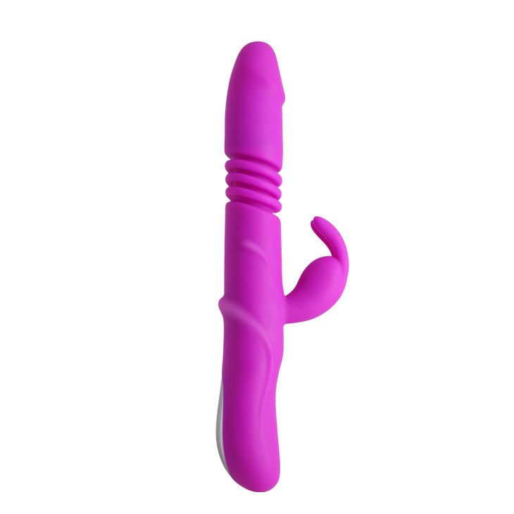 Lila Vibrator mit geriffelter Oberfläche und Hasenohren-Design. Vertikale Ansicht.