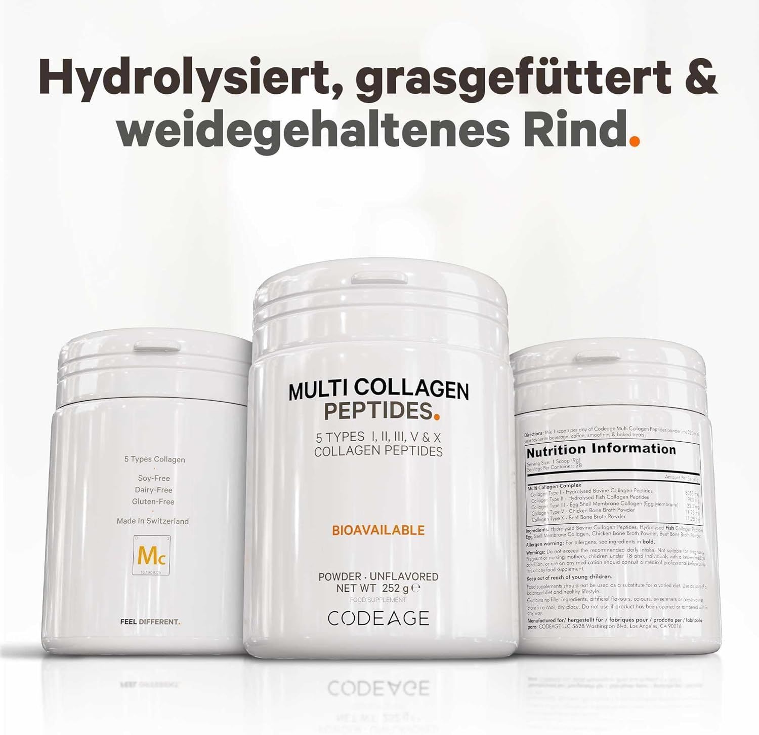 Drei weiße Behälter mit 'MULTI COLLAGEN PEPTIDES'. Text: 5 Kollagentypen. Aufschrift: CODEAGE. Aufschrift: 'Nutrition Information'.