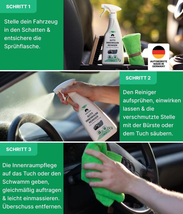 Anleitung in drei Schritten. Gezeigt: Reiniger, Tuch, Bürste. Schritt 1: Fahrzeug vorbereiten. Schritt 2: Reiniger auftragen. Schritt 3: Pflege auftragen.
