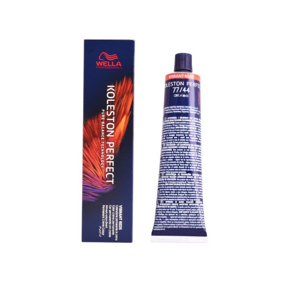 Haarfarbtube und Schachtel. Tube mit Aufschrift Koleston Perfect 77/44. Schachtel mit Logo und Produktbezeichnung.