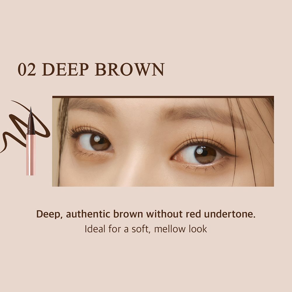 Nahaufnahme von Augen mit Eyeliner. Text: 02 DEEP BROWN. Beschreibung: Tiefes, authentisches Braun ohne Rot.