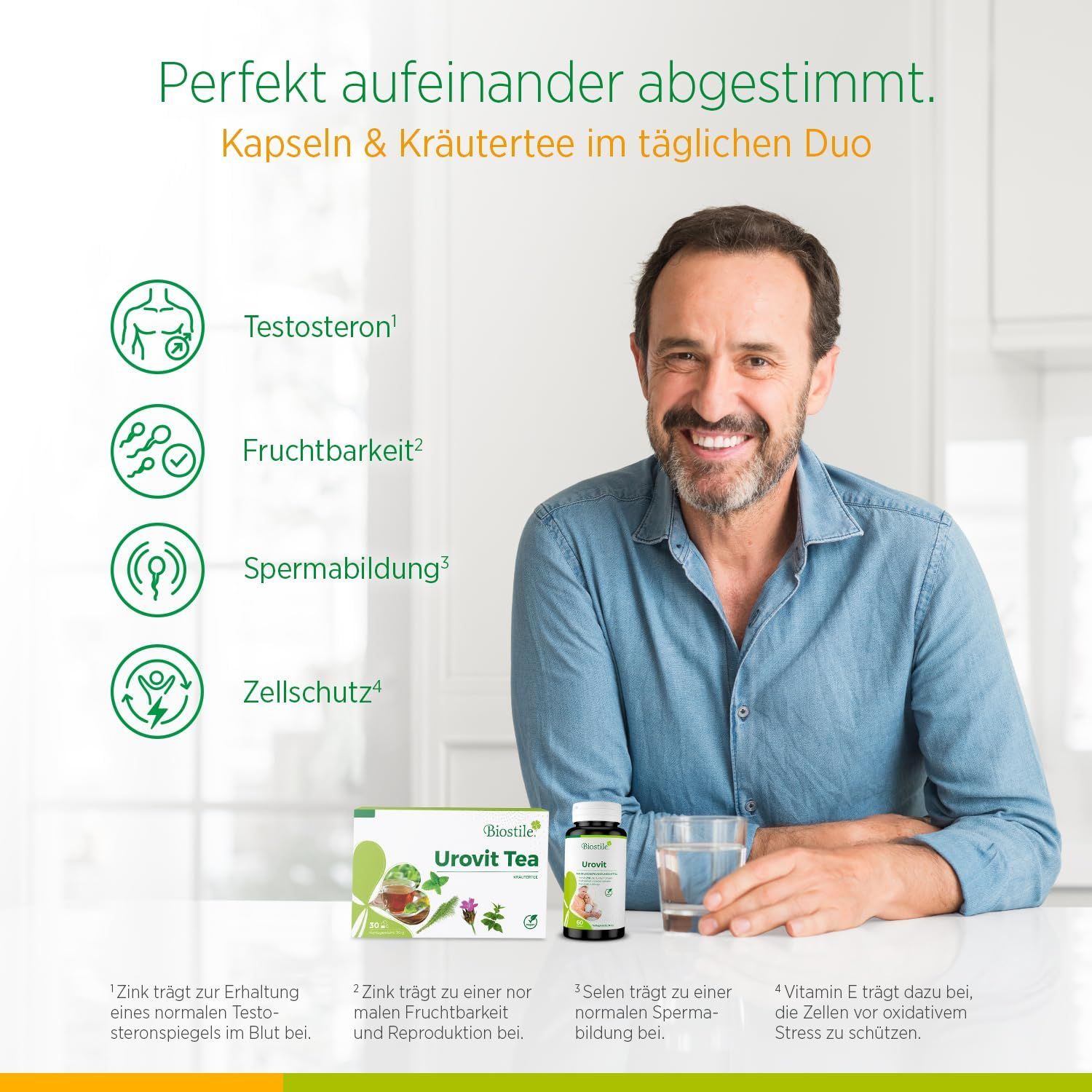 Mann mit Biostile Urovit Tee und Kapseln, mit Symbolen für Testosteron und Fruchtbarkeit.