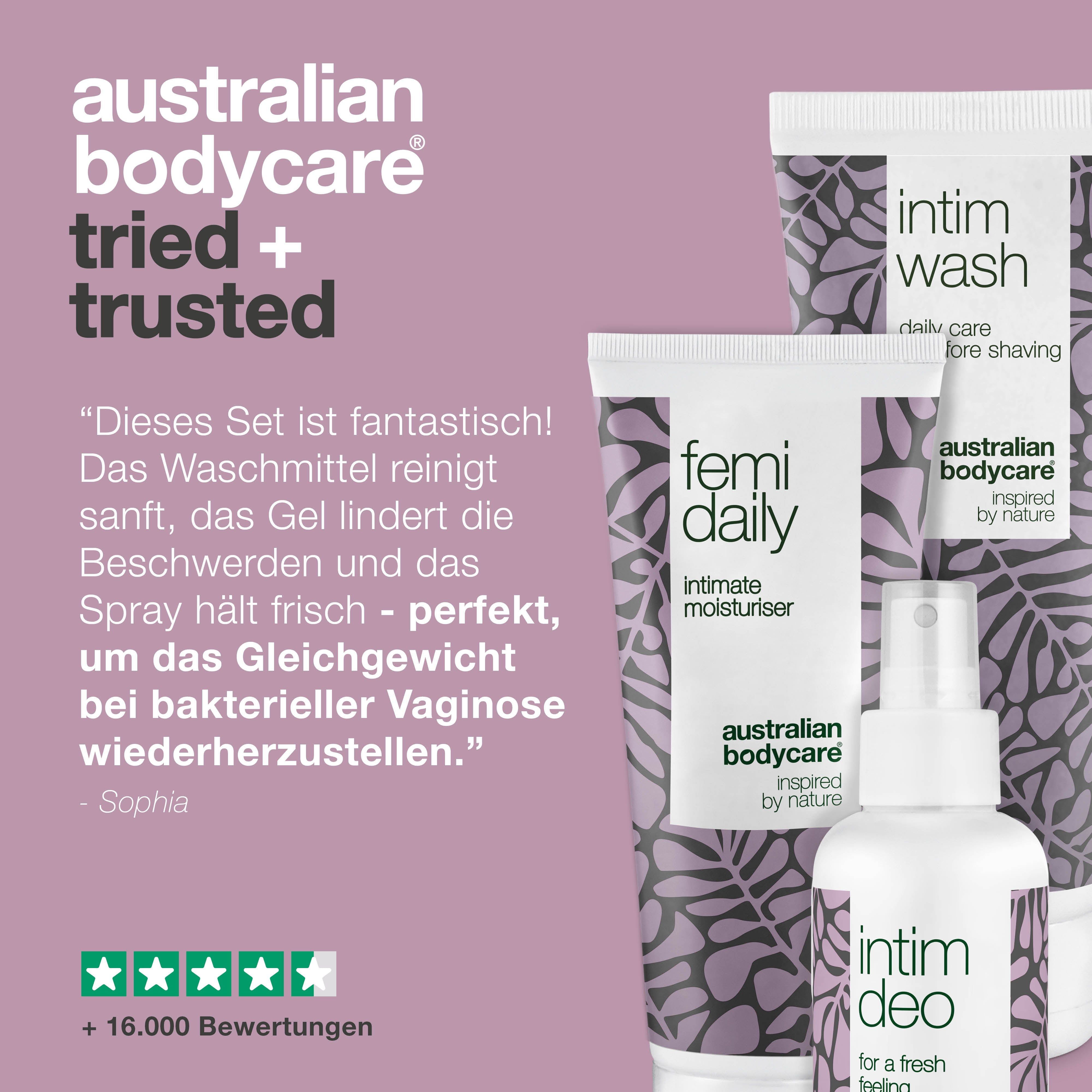Grafik: Australian Bodycare tried + trusted. Zitat über das Set. Produkte: Intim Wash, Femi Daily, Intim Deo. 5 Sterne Bewertung.