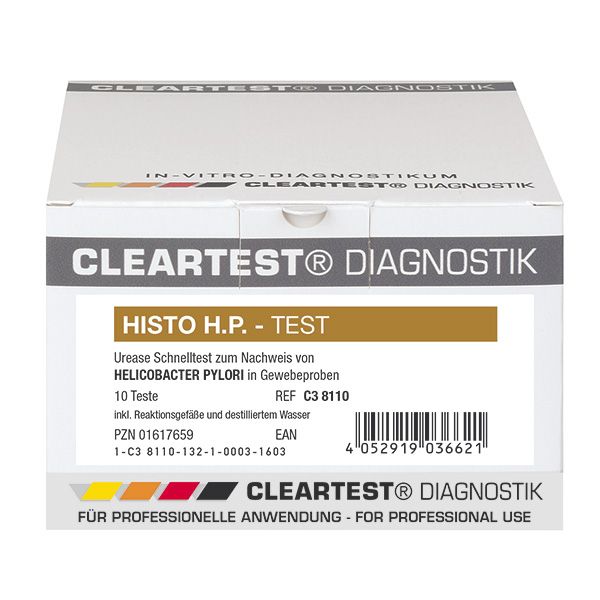 Verpackung Cleartest Diagnostik. Aufschrift: Histo H.P.-Test, 10 Tests. Barcode und weitere Informationen.