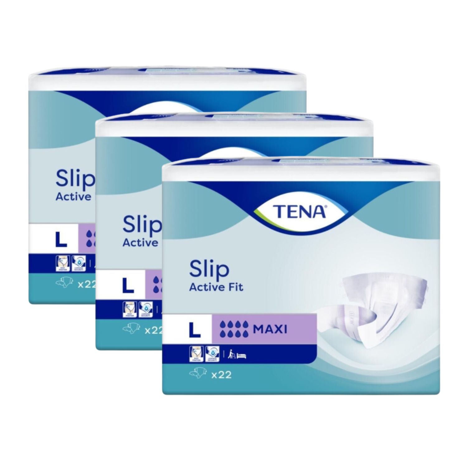 Drei Packungen TENA Slip Active Fit Maxi. Blaue und weiße Verpackung mit Produktbezeichnung und Größe L.