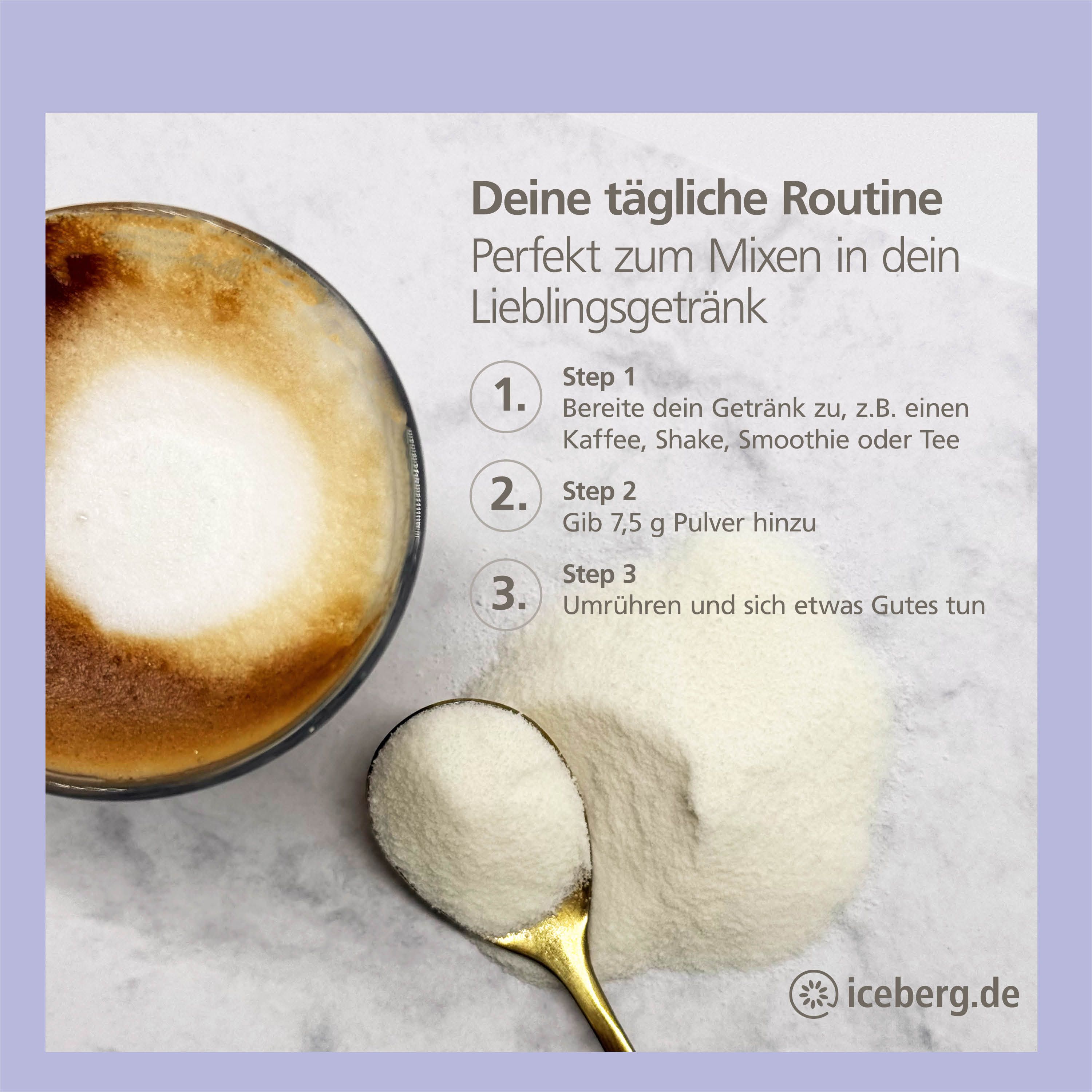 Anleitung zur Zubereitung von Collastan Meno. Pulver wird in Getränk gegeben. Goldener Löffel mit Pulver neben Tasse Kaffee.