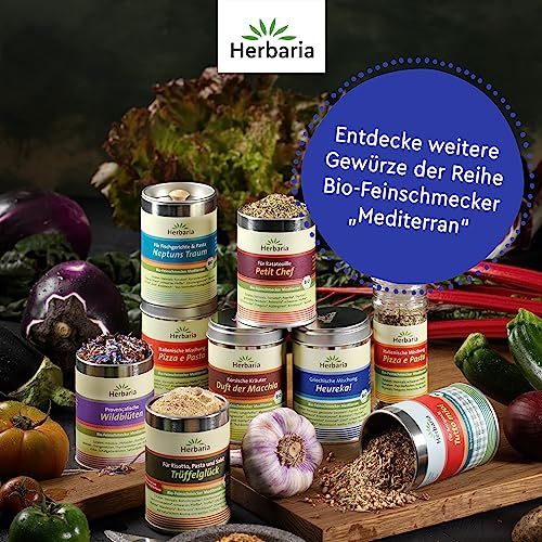 Verschiedene Herbaria Gewürzdosen der Serie Bio-Feinschmecker Mediterran, darunter Heureka! und Petit Chef.