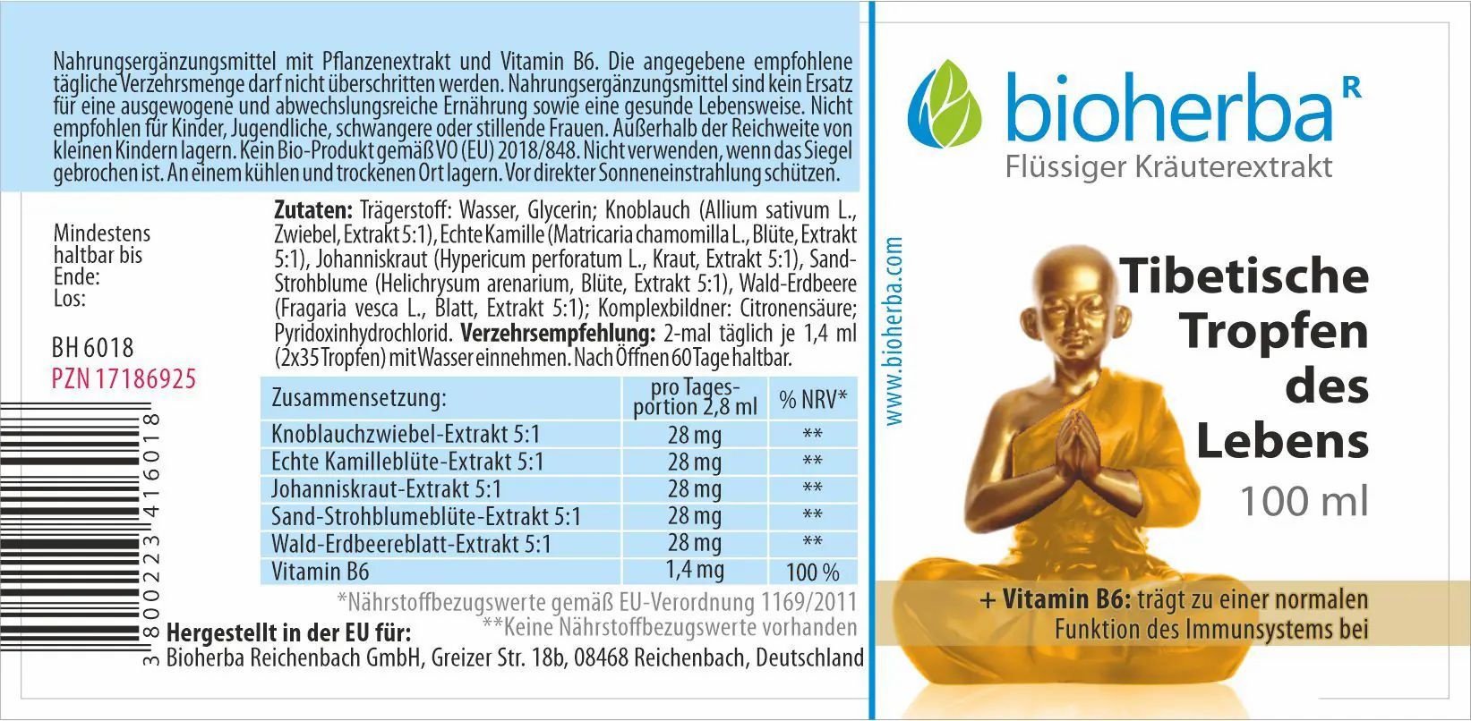 Etikett mit Produktinformationen. Marke Bioherba, Text: Tibetische Tropfen des Lebens. Enthält Vitamin B6. 100 ml.