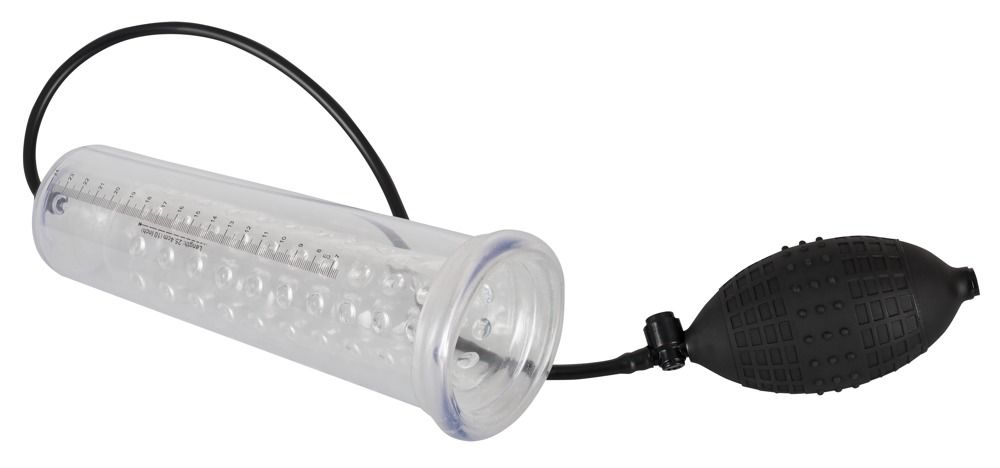 Transparenter Zylinder mit genoppter Innenhülle, schwarzem Schlauch und Pumpe. Skala in cm. Basis und Pumpe aus schwarzem Gummi.