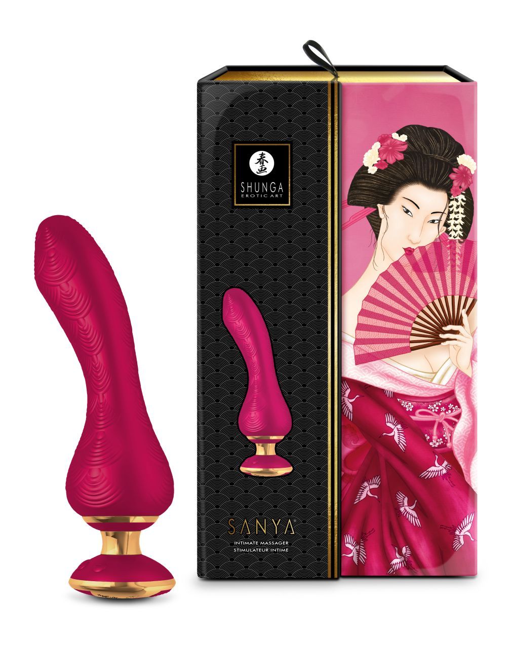 Roter Vibrator neben Verpackung. Verpackung mit Geisha-Illustration und Produktname „Sanya“.