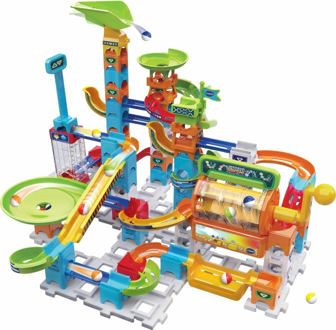 Mehrfarbiger Murmelbahn-Bausatz mit Rampen, Trichter und rotierenden Elementen. VTech Marble Rush.