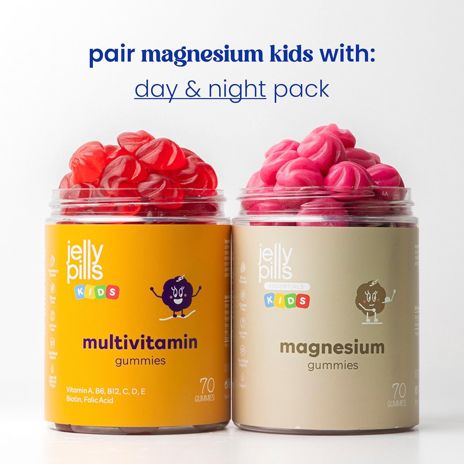 Zwei Dosen Jelly Pills Kids Gummies: Multivitamin und Magnesium. 70 Stück. Rote und rosa Gummibärchen.