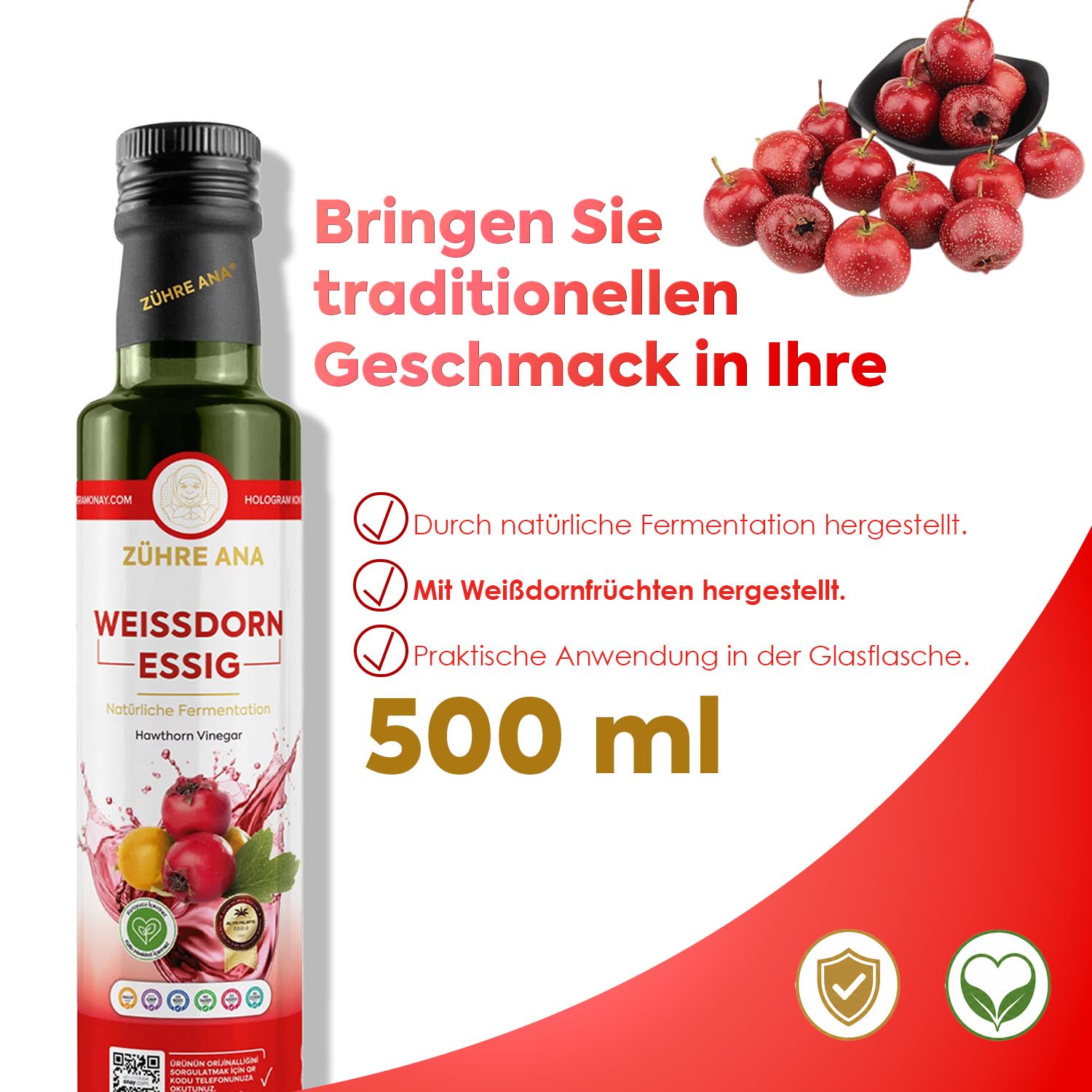 Flasche Weißdorn Essig, 500 ml, mit Früchten und Siegeln.