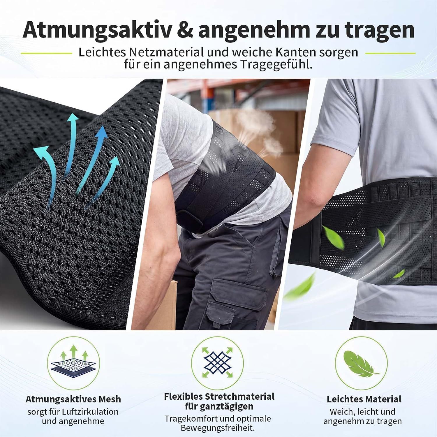 Rückenstützgurt mit atmungsaktivem Mesh, flexiblen Materialien und leichter Konstruktion.