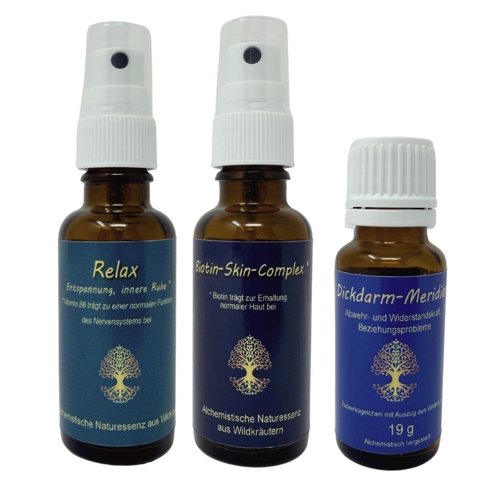 Drei braune Glasflaschen mit Sprühaufsatz und Tropfer. Beschriftungen: 'Relax', 'Biotin-Skin-Complex', 'Dickdarm-Meridian'.