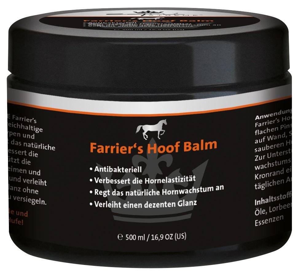 Schwarzes Tiegel mit Aufschrift Farrier's Hoof Balm. Enthält 500 ml. Mit weißem Pferd-Logo und Text in Deutsch.