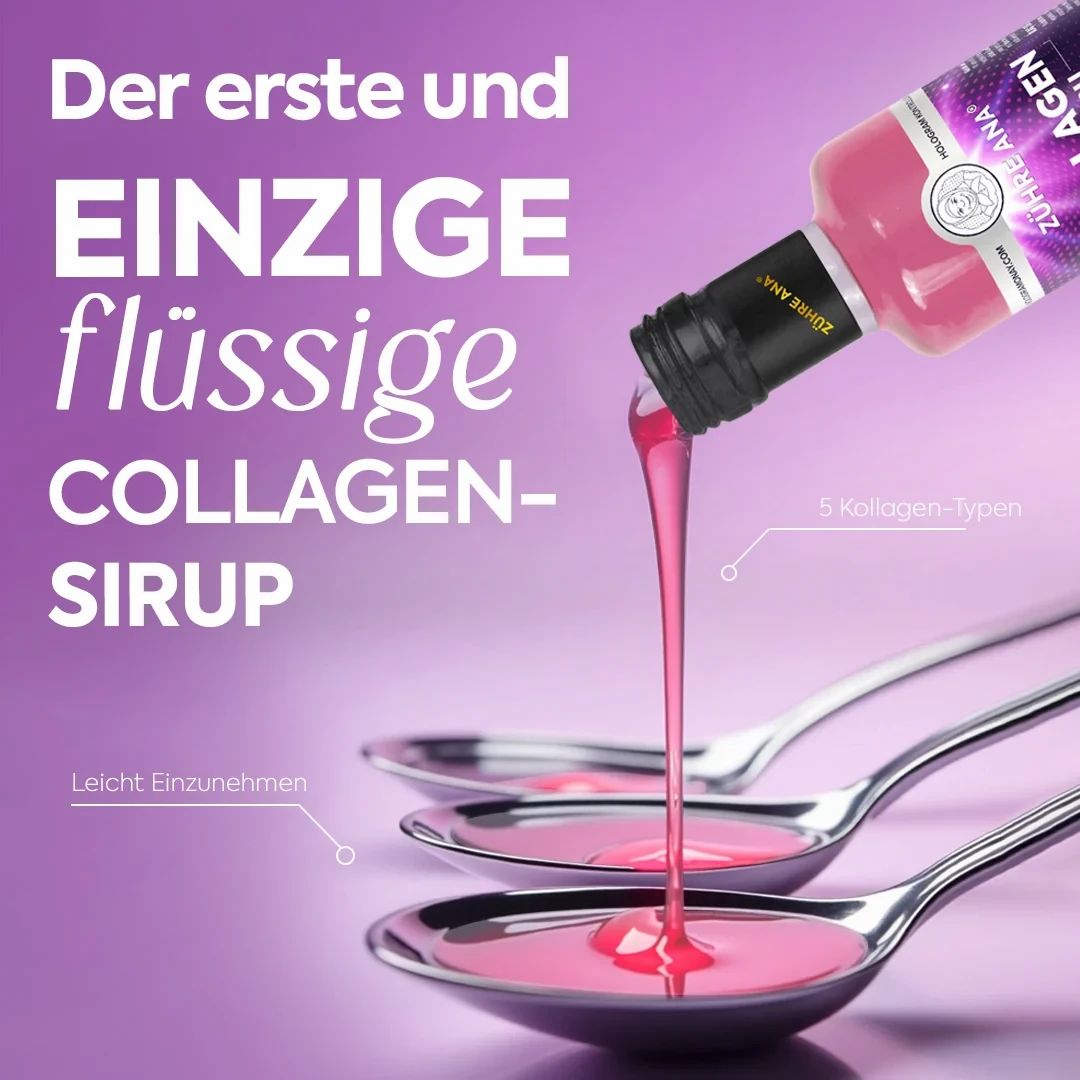 Kollagen Sirup wird aus einer Flasche in Löffel gegossen. 5 Kollagen-Typen.