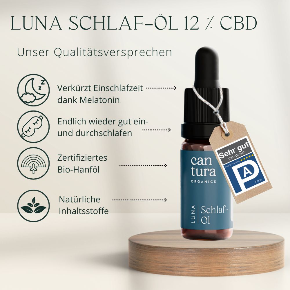 Braune Glasflasche mit Tropfer auf Holzsockel. Anhänger mit Zertifizierung. Text: LUNA Schlaf-Öl 12 % CBD.
