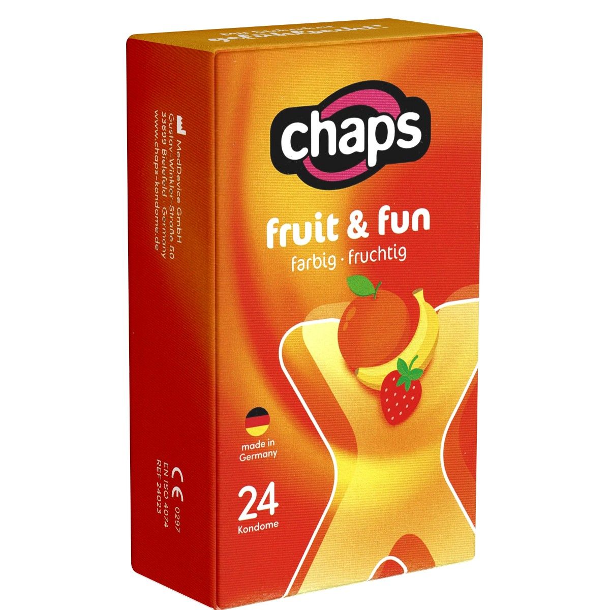 Verpackung von Chaps Fruit & Fun Kondomen. Orangefarben mit Früchte-Illustrationen. Enthält 24 Kondome. Hergestellt in Deutschland.