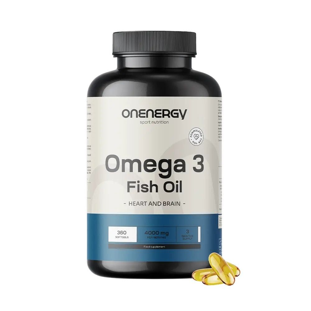 Dunkle Flasche mit Omega-3 Fischöl Kapseln. Aufschrift: OnEnergy, Omega 3 Fish Oil, 360 Softgels, 4000 mg.