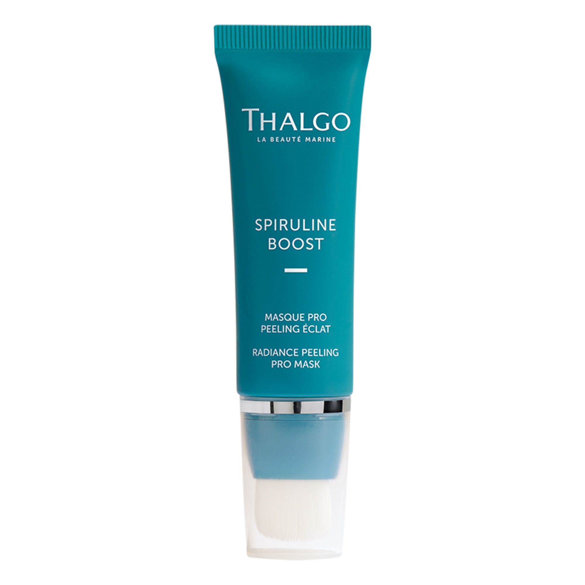 Türkisfarbene Tube mit weißem Pinsel. Aufschrift: THALGO, SPIRULINE BOOST, MASQUE PRO PEELING ÉCLAT, RADIANCE PEELING PRO MASK.