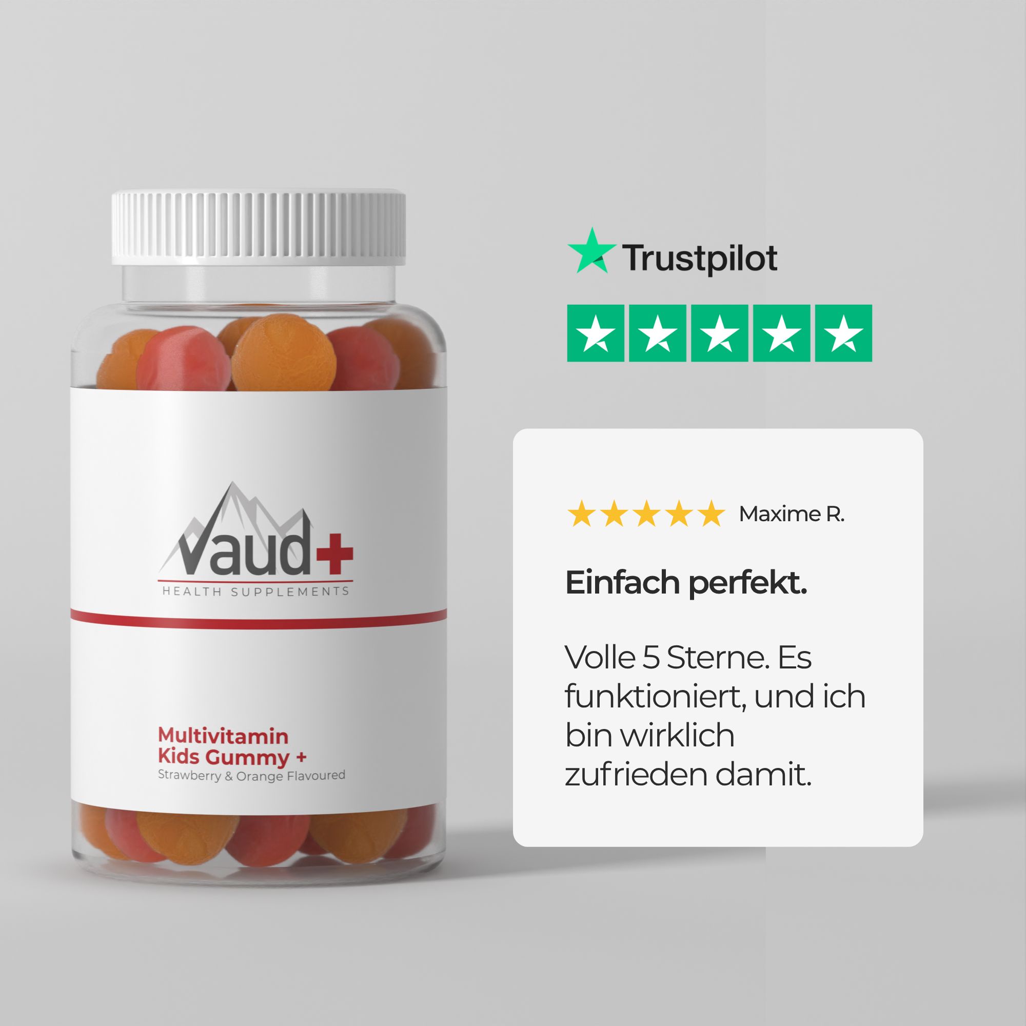Glasflasche mit Gummibärchen, daneben Bewertung mit 5 Sternen und Text. Trustpilot-Logo.
