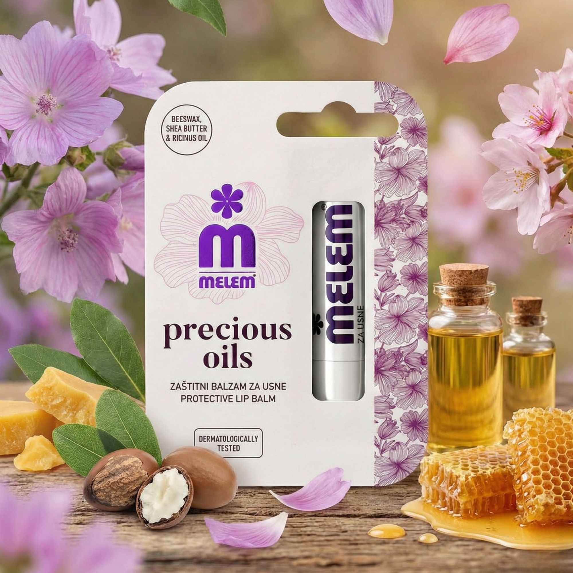 Melem Schützender Lippenbalsam in Verpackung. Produkt mit lila Blütenmuster. Inhaltsstoffe: Bienenwachs, Sheabutter, Rizinusöl.