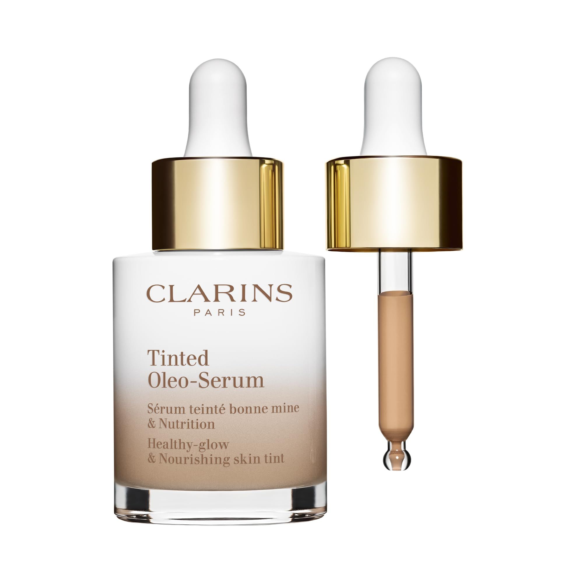 Flakon mit Pipette und separater Pipette. Aufschrift: Clarins Paris, Tinted Oleo-Serum. Text: Sérum teinté bonne mine & Nutrition, Healthy-glow & Nourishing skin tint.