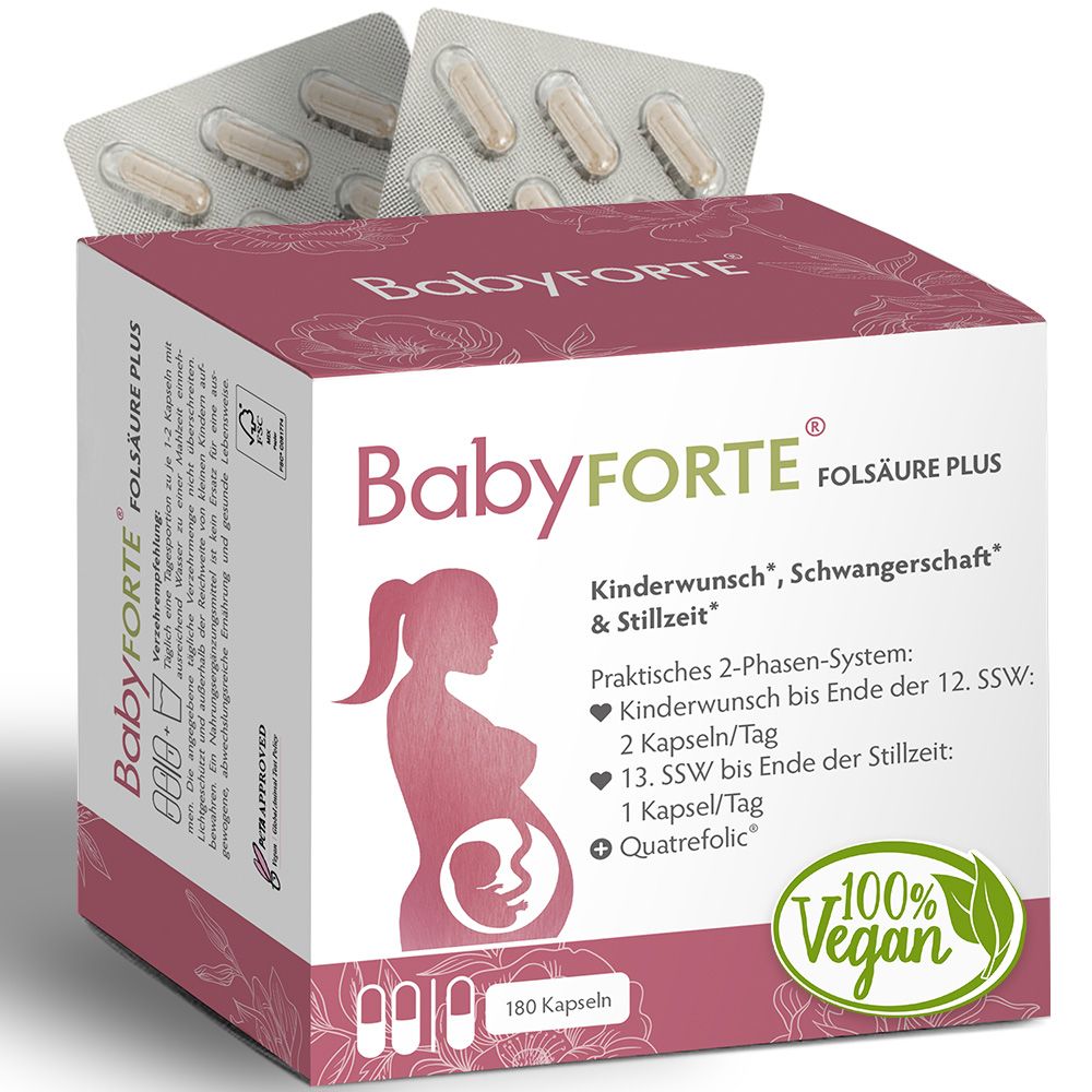 BabyFORTE Folsäure Plus Verpackung mit 180 Kapseln, 100% Vegan Logo und Schwangerschaftssymbol.