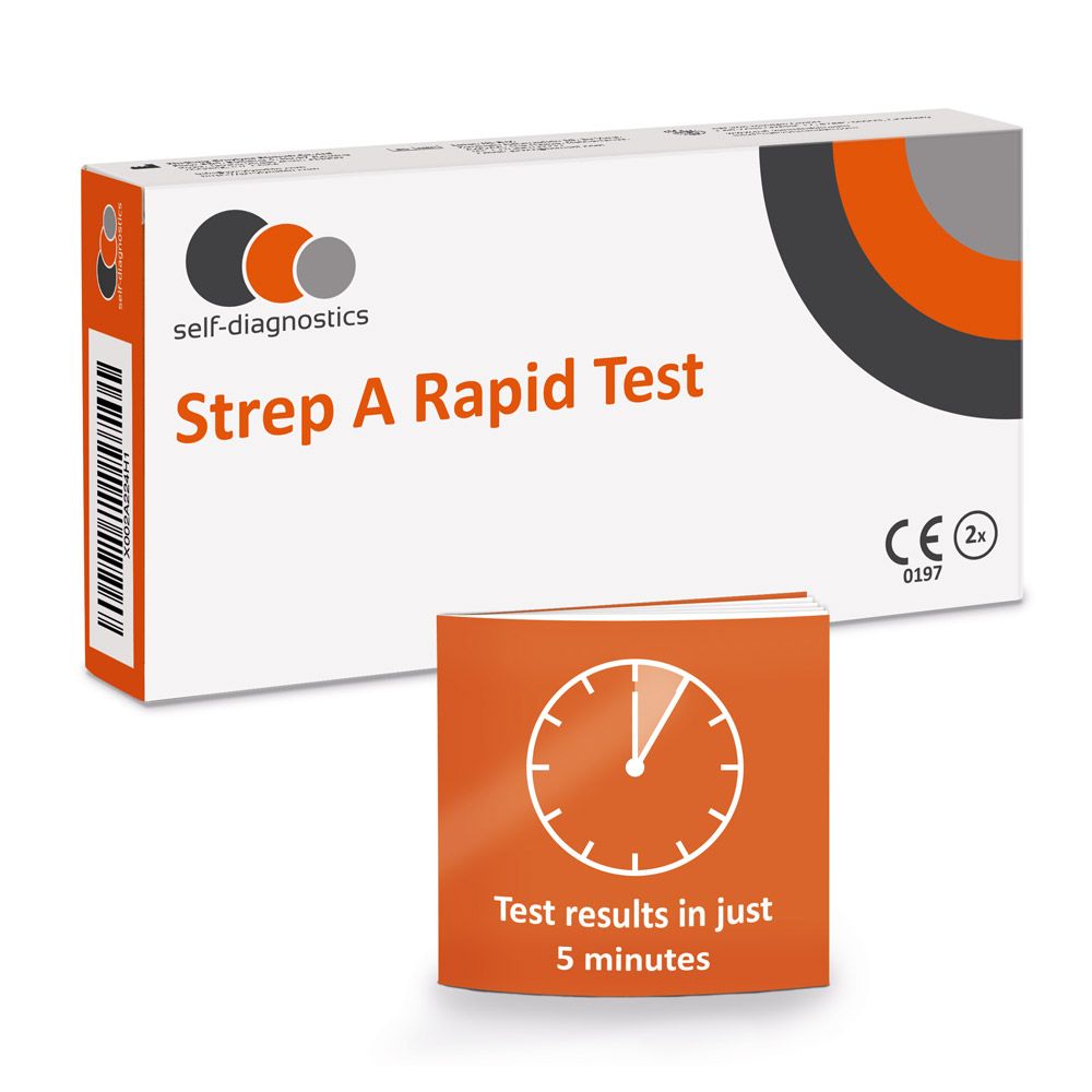 Verpackung für einen Strep A Schnelltest. Enthält eine Testkassette. Text: Testergebnisse in 5 Minuten.