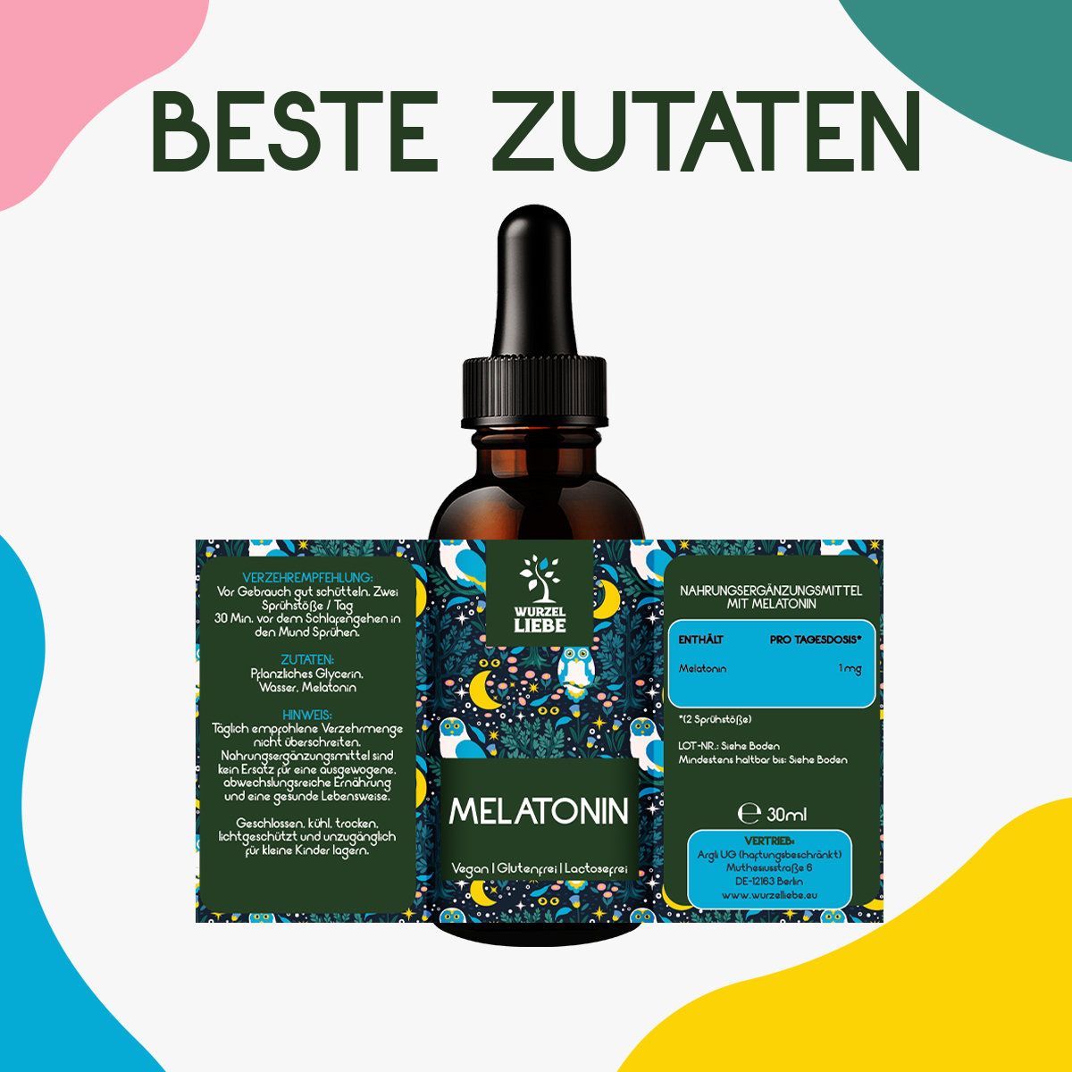 Braune Flasche mit Tropfer. Text: Melatonin. Aufkleber mit Inhaltsstoffen und Dosierung. Marke: WURZELLIEBE®.