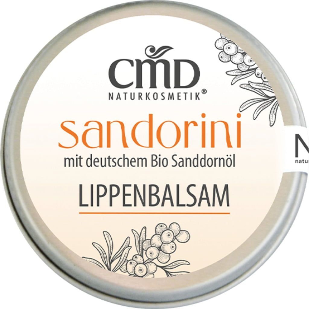 Runde Dose mit CMD Naturkosmetik Sandorini Lippenbalsam. Text: Sandorini, Lippenbalsam, mit deutschem Bio Sanddornöl. Logo.
