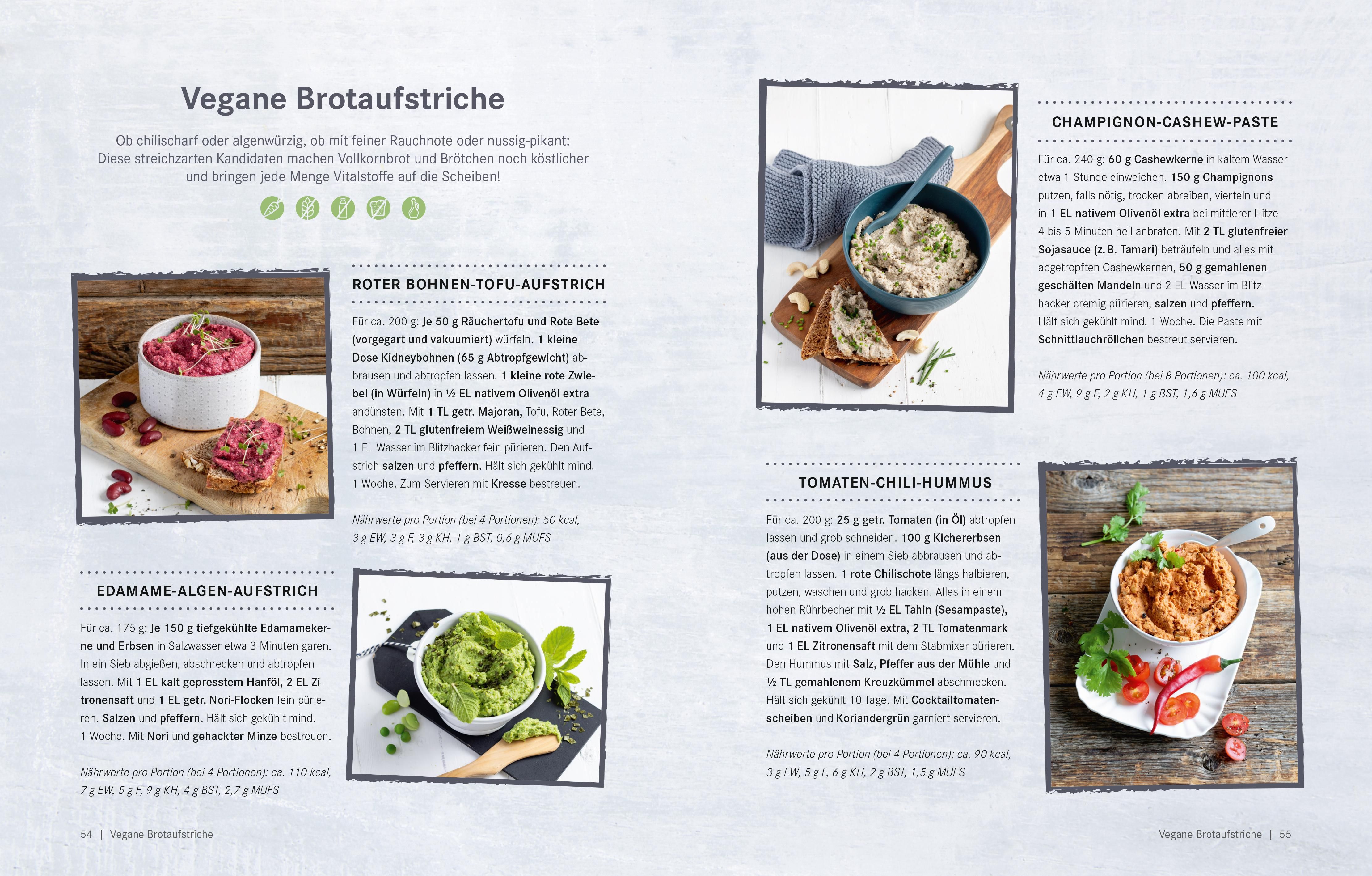 Buchseite mit Rezepten für vegane Brotaufstriche. Abbildungen von Speisen.